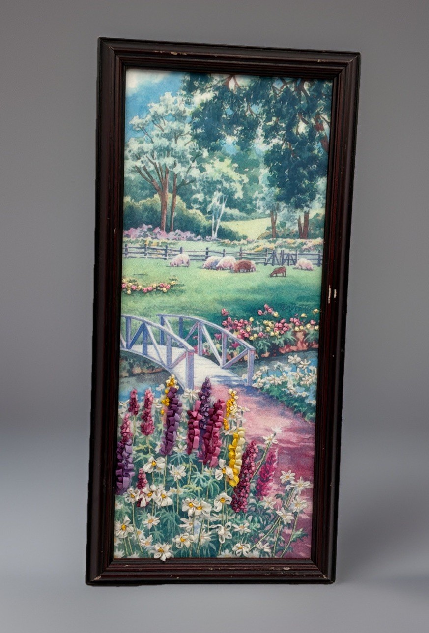 Vtg Ribbon Embroidery Floral Garden Art Fabric Picture Countryside Decor 15 X 7