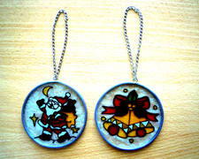 Weihnachten Fensterbild  2 Anhänger Glasbilder Weihnachtsmann Glocke TOP Zustand