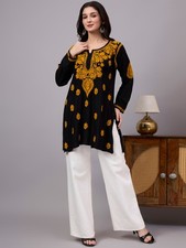 Women's Yellow Rayon Chikankari Short Kurta Hand Work, Ethnic Kurta, Lucknowi