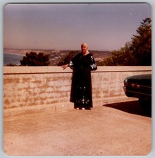 Vtg Color Snapshot Woman In Embroidered Black Dress Coastal San Diego 1979