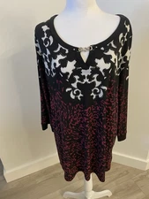 JM Collection Plus Sz. 2XL Stretch Print Tunic Top 3/4 Sleeve Beaded Chain Neck