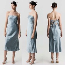 NWT Free People X Third Form Satin Tie Back Strapless Midi Dress 6 Blue Wave