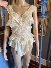 Vintage Faris Ivory Lace Ruffle Sheer Teddy Bodysuit Lingerie Size Large