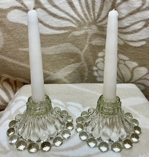 Vintage Anchor Hocking Boopie Berwick Clear Glass Bubble Candlestick Holders