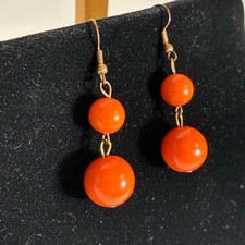 Orange Earrings Dangle Statement Hook Faux Pearls 2" Long Colorful Summer