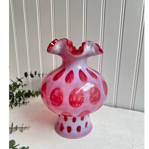 Vintage Fenton Cranberry Pink Coin Dot Cased Glass Vase | Double Ruffled Edge