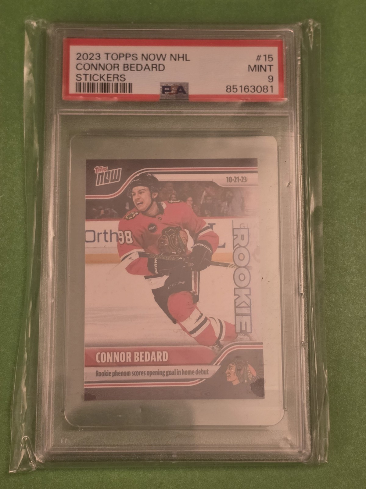 2023 Connor Bedard Topps Now Sticker 2023-24 NHL #15 Rookie Debut Goal PSA 9 view 1