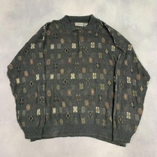Vintage Abstract Knitted Jumper Patterned Grandad Knit Sweater Men's 2XL
