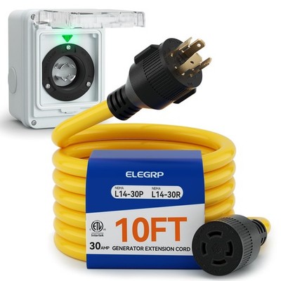 ELEGRP 30 Amp Generator Extension Cord 10 Feet with Pre-Drilled Inlet Box, NE...