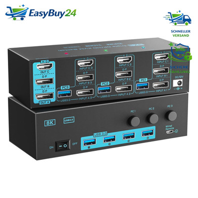 Triple Monitor KVM Switch 3 PC 8K 4K HDMI DP 3 Port USB 3.