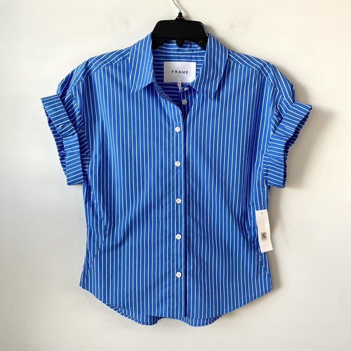 Frame Striped Short Sleeve Button Up Shirt Cornflower Blue S