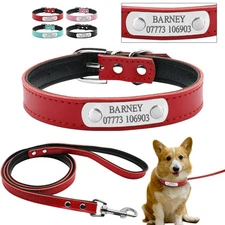 Leather Custom Personalized Dog Collar and Leash Set Free Engraving ID Name Soft