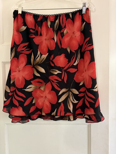 Rock Gr. XL rot schwarz Ninety EUC Y2K Pull On Whimsigoth Stufen Knie Blumen