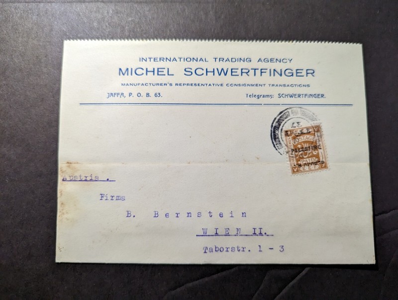 1937 Palestine EEF Overprint Postcard Cover Jaffa to Vienna Austria