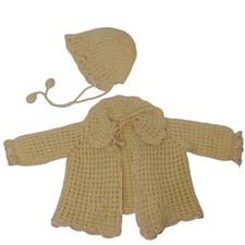 Handknit Baby Sweater and Hat Off White Pink Embroidered Trim READ Flaws Vintage