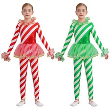 Girl Christmas Striped Ballet Dance Tutu Dress Leotard Sequin Gymnastic Jumpsuit