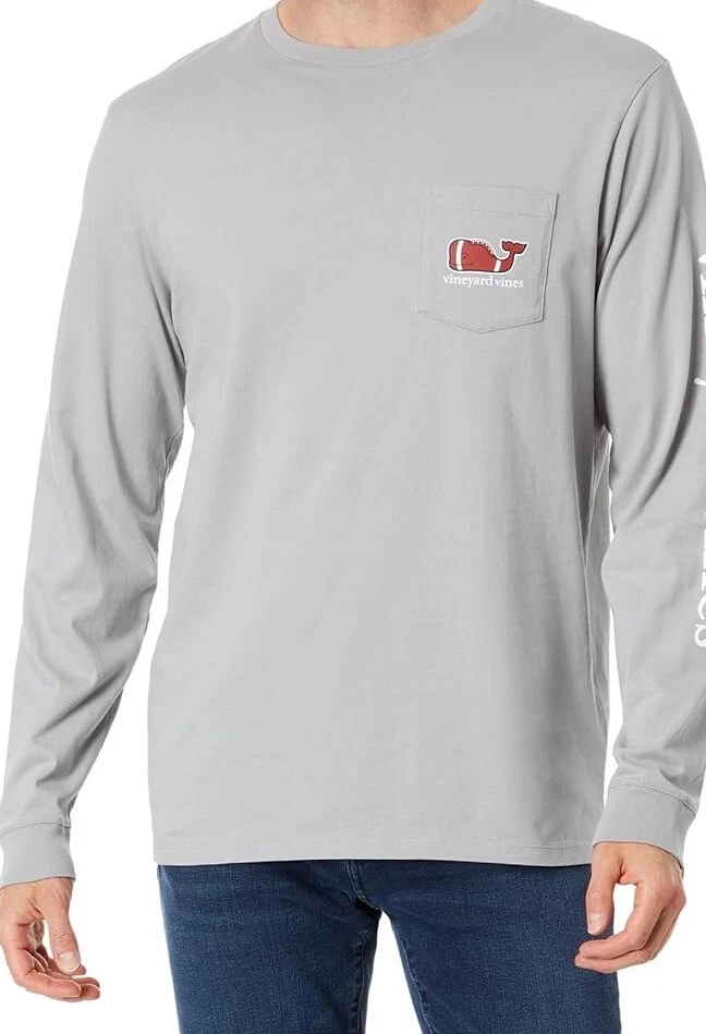 Vineyard Vines Graphic T-Shirt Men M Gray Long Sleeve Football Whale Pocket Tee