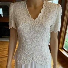 *Brilliante Ivory Lace Chiffon Tea Length Mom Wedding Gown Bridal Dress Size S 7