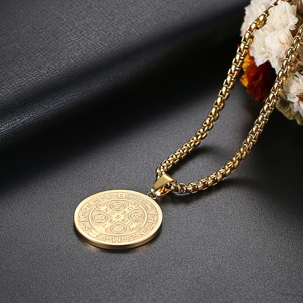 Alternate view of Saint Benedict Medal Gold Plated Exorcism Pendant Necklace