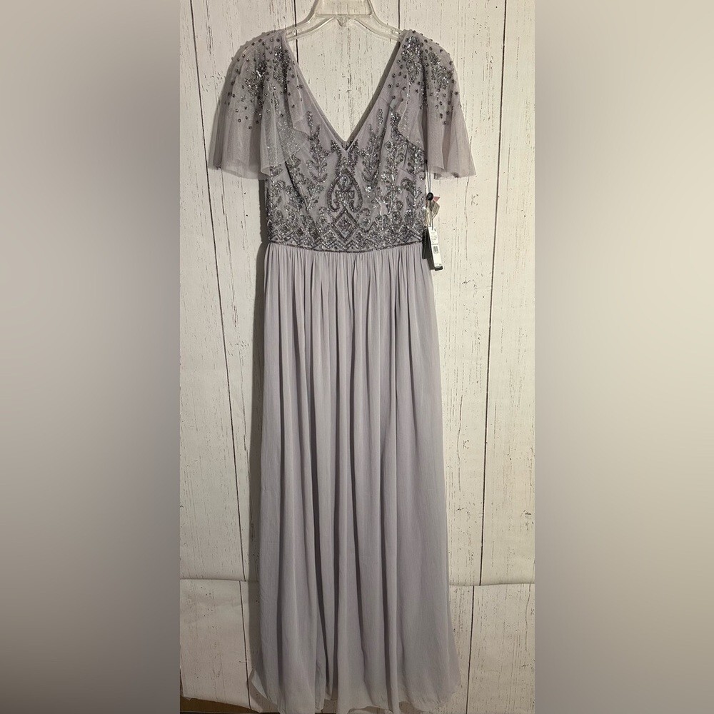 Adrianna Papell Lilac Grey Beaded Bodice Long Chiffon Maxi Dress Size 6