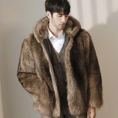 Eleganter Herren Echt Waschbär Pelz Kapuze Mode Mantel Dick Warm Luxus Mantel