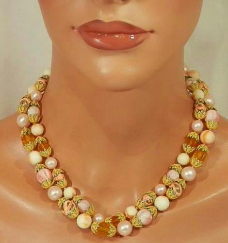 XX Cute Japan Signed Enamel Pink Yellow Faux Pearl Necklace 149MY6