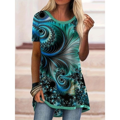 Plus Size Women's Print Round Neck Shirt Casual Short Sleeve T-shirt Top