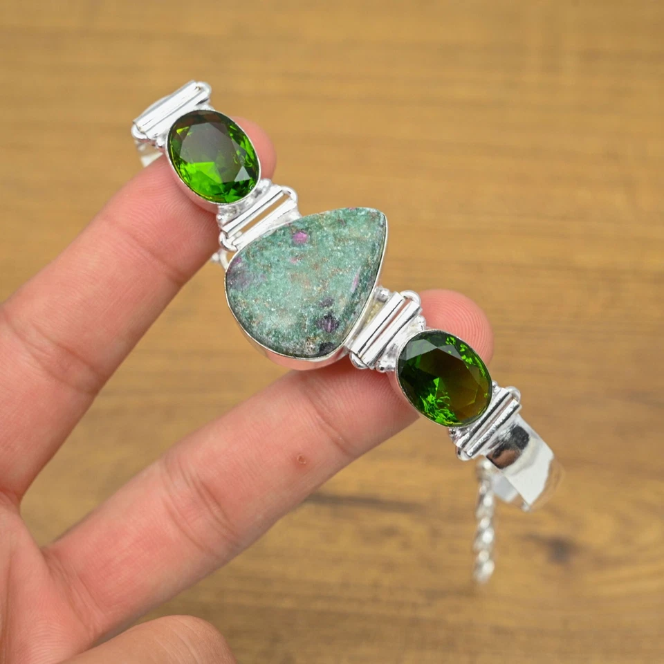 Ruby Fuchsite Peridot Bracelet 925 Sterling Silver Natural Handmade Bracelet - Image 3 of 4