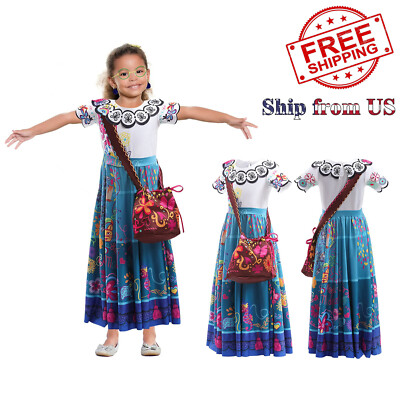 Kids Girls Princess Dress Up Encanto Mirabel Costume Cosplay Party Fancy Dress
