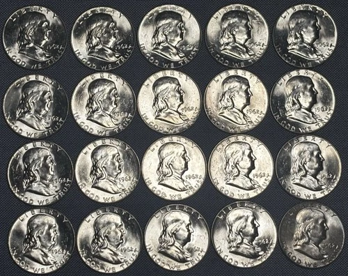 1962-D Franklin Half Dollar Roll $10 FV 90% Silver 20 BU Coins Fresh From A Roll