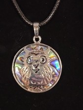 Owl Overlay Abalone Shell Round Pendant Necklace 18"L Adjustable Extender 