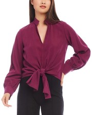 Karen Kane Tie Front Top Women's Small Wine Mandarin Collar Long Sleeve