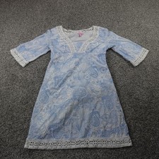 Lilly Pulitzer Dress Womens 10 White Blue Embroidered Sea Life Lace Trim V Neck