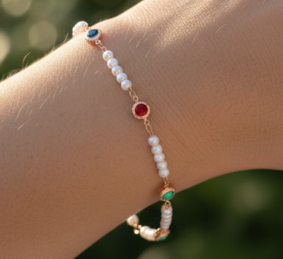 Elegant Rose Gold Plated Beaded Bracelet Pearl & Multi-Color Gemstone Station