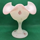 Vintage Fenton Art Glass Satin Compote Hand Painted Berries And Blossoms 6" Tall