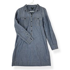 J Crew Shirt Dress Womens S Small Blue Cotton Chambray Long Roll Sleeves Pockets