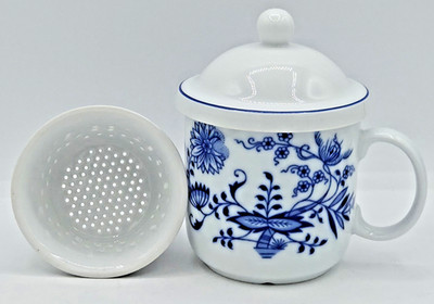 Vintage Thun Karlovarsky Porcelain Tea Cup Mug w/ Strainer & Lid Set Czech RARE
