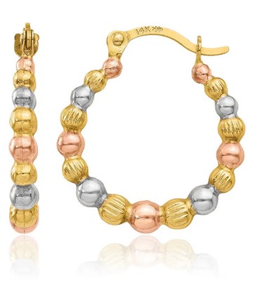 14K Solid Two Tone Gold Rose Beaded Round Small Hoop Earrings