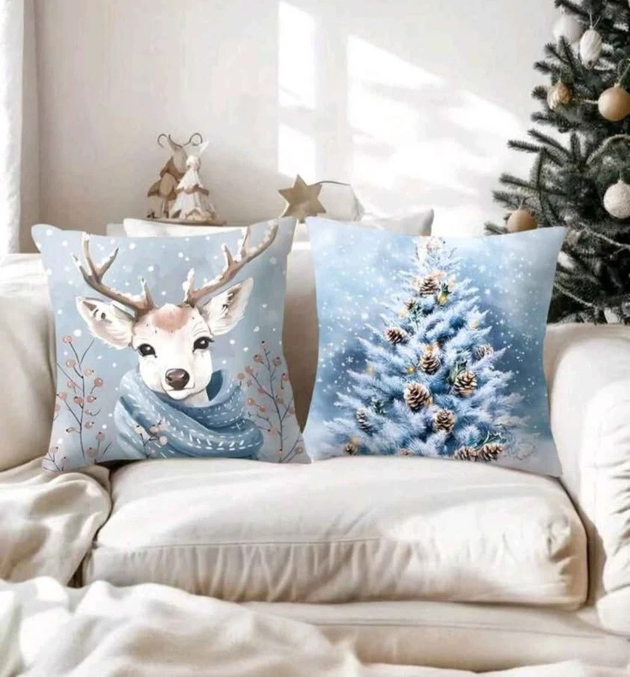 Set Of 4 Adorable Blue Deer And Santa Christmas Throw Pillow Covers 18X18 - Image 3 of 4