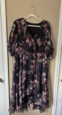 Lane Bryant Long Flowy Dress Size 18 Dark Romantic Elastic Waist Hi Low Chiffon