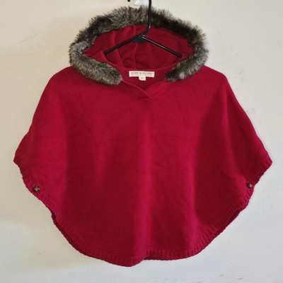 Hope & Henry Sweater Cape Girls Size Medium Faux Fur Hood Red Chic