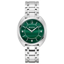 Bulova - Reloj de cuarzo clásico de acero inoxidable con malaquita y diamantes para mujer 96P256/R
