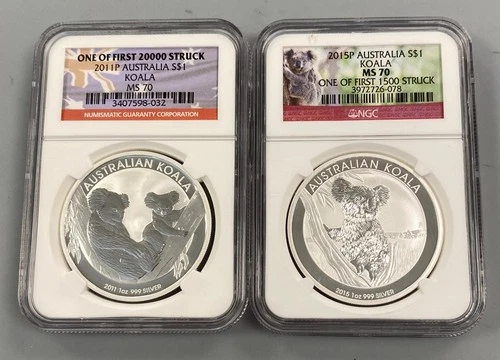 2 NGC MS70 Australia 1ozt .999 Silver Koala $1 Coin 2011-P 2015-P L22954