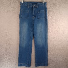 Womens Wide-Leg Blue Jeans Size Medium Stretchy Front Pockets Zipper Button Soft