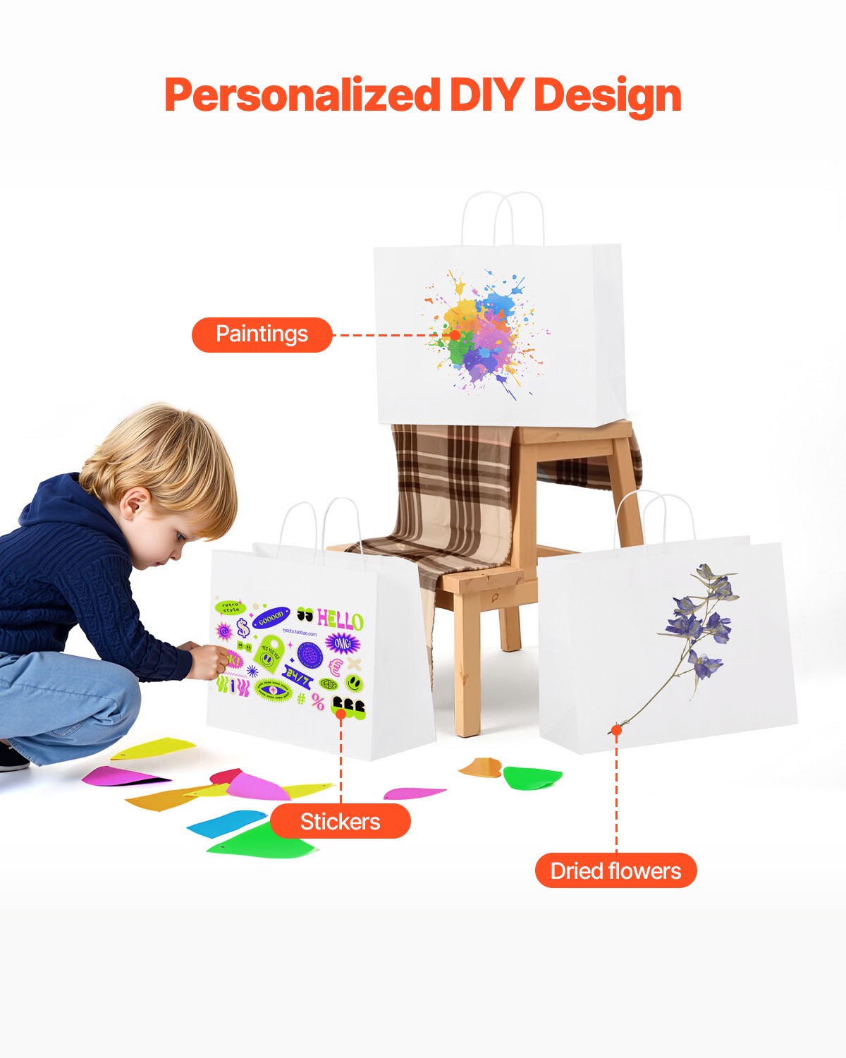 VEVOR Kraft Paper Bag with Handles 100Pcs 16x6x12 in Party Shopping Bag White