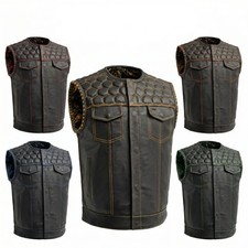 Men Black Leather Motorcycle Vest Gold Paisley Inner/Stitch Bike Rider Waistcoat