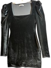 Reformation Lunar Black Velvet Square Neck Puff Sleeve Mini Dress M