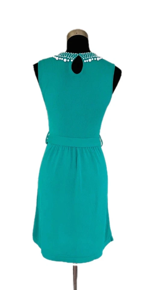 Nanette Lepore Knit Midi Dress S Turquoise Blue White Beaded Key Hole Sheath 4 6 - Image 4 of 4