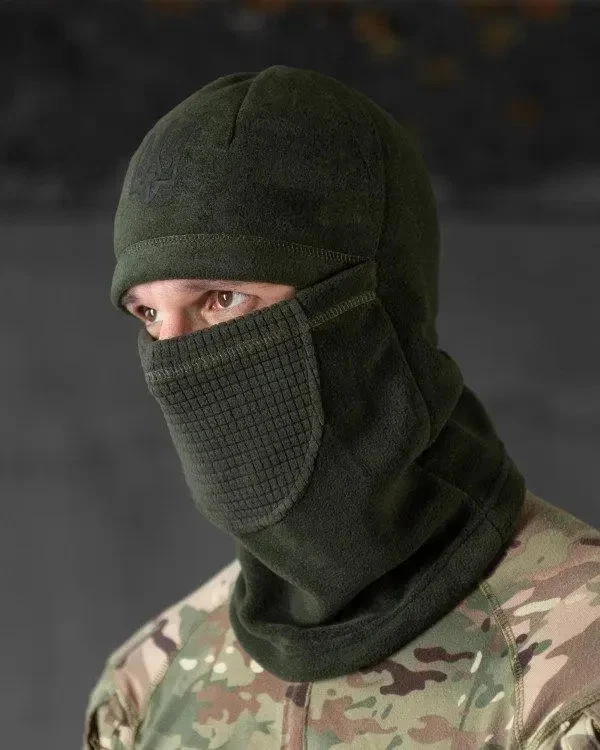 Olive fleece balaclava with coat of arms, men's military protective mask 💛💙