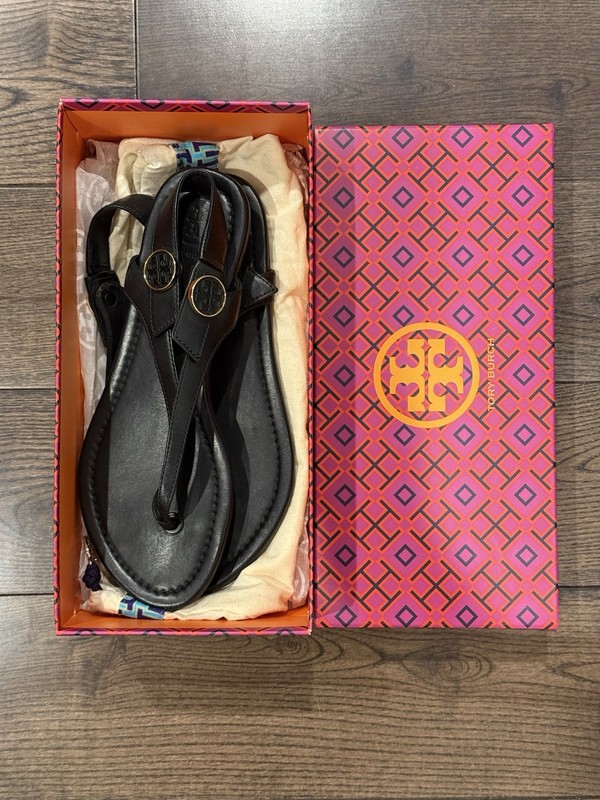 Tory Burch Veg Leather Black Minnie Travel Sandals Flats Womens Shoes 6